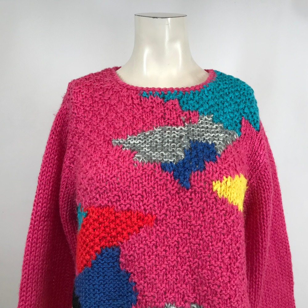 Jeff Laurent Vintage Hot Pink Abstract Geometric Chunky Knit Sweater Crew Neck - Picture 2 of 7